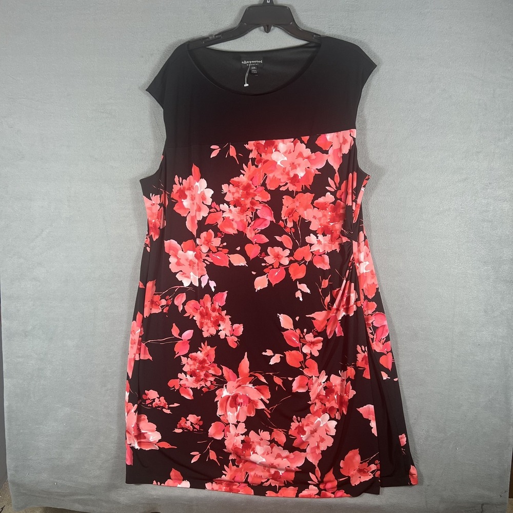 Connected Apparel Women's Plus Size 22W Black Red Floral Ruched Knee Length